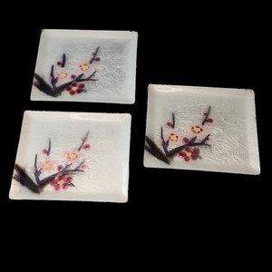 Vintage Cloisonné Enamel on Metal Tray Cherry Blossom Tree Japan Set of Three